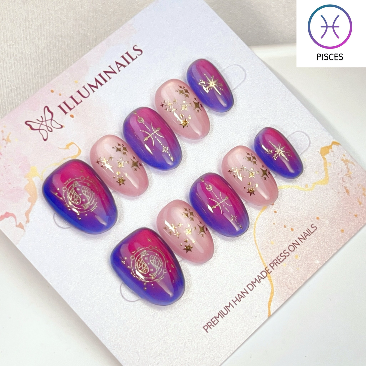Pisces zodiac cat eye press-on nails in purple magenta and blush, Extra Short Oval