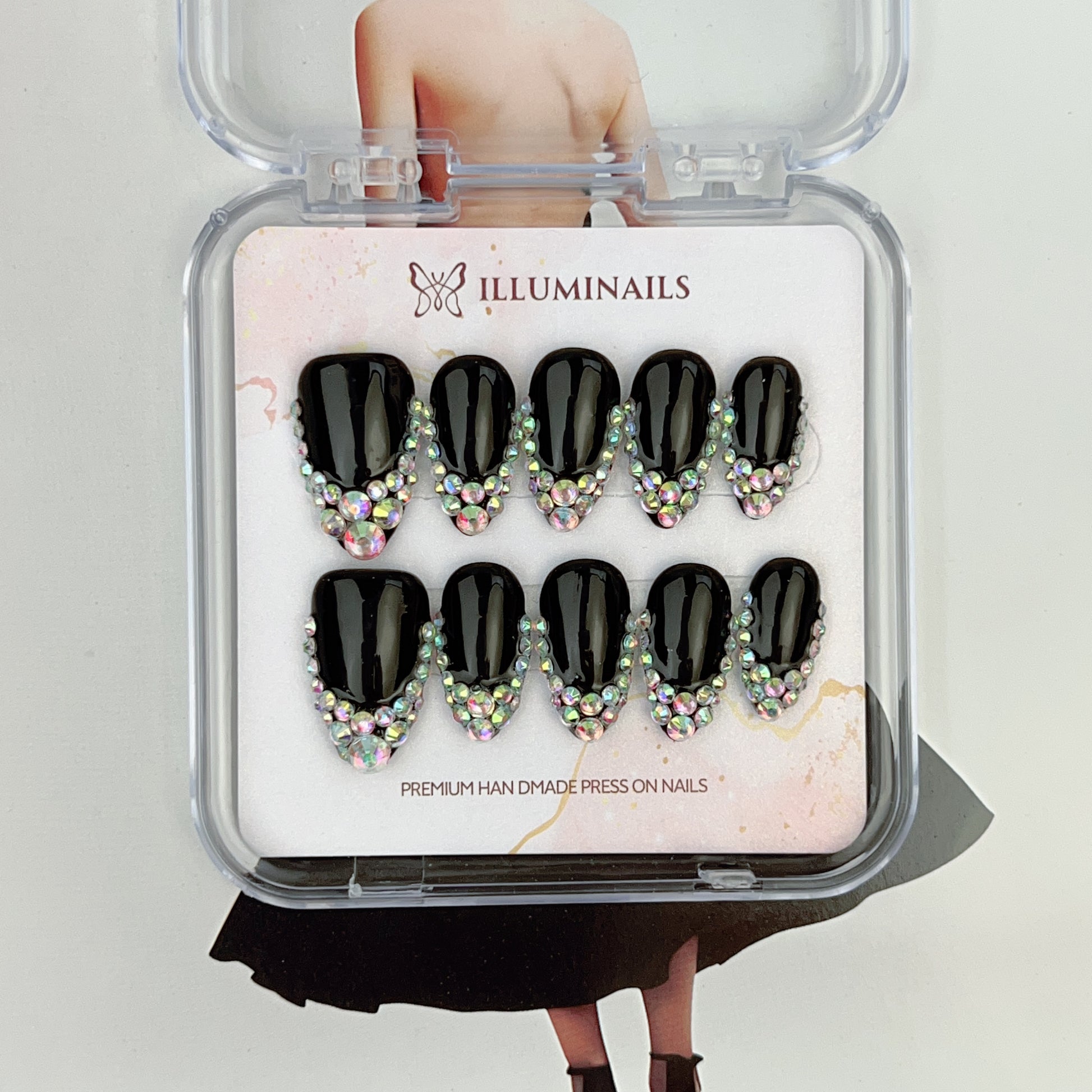 Midnight Crystal press-on nails, white with iridescent crystals, close-up