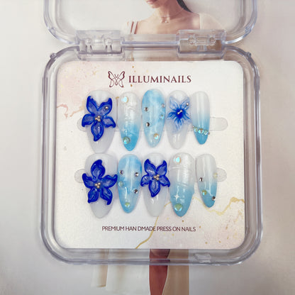Ocean Bloom handmade blue floral press-on nails with ocean-inspired ombre and 3D flower details