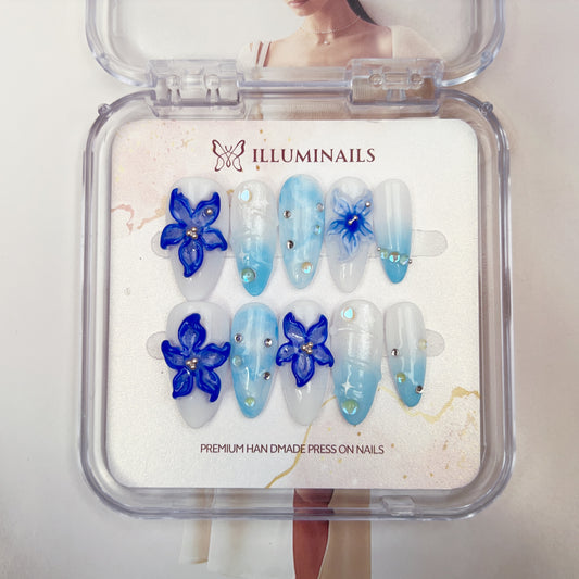 Ocean Bloom handmade blue floral press-on nails with ocean-inspired ombre and 3D flower details