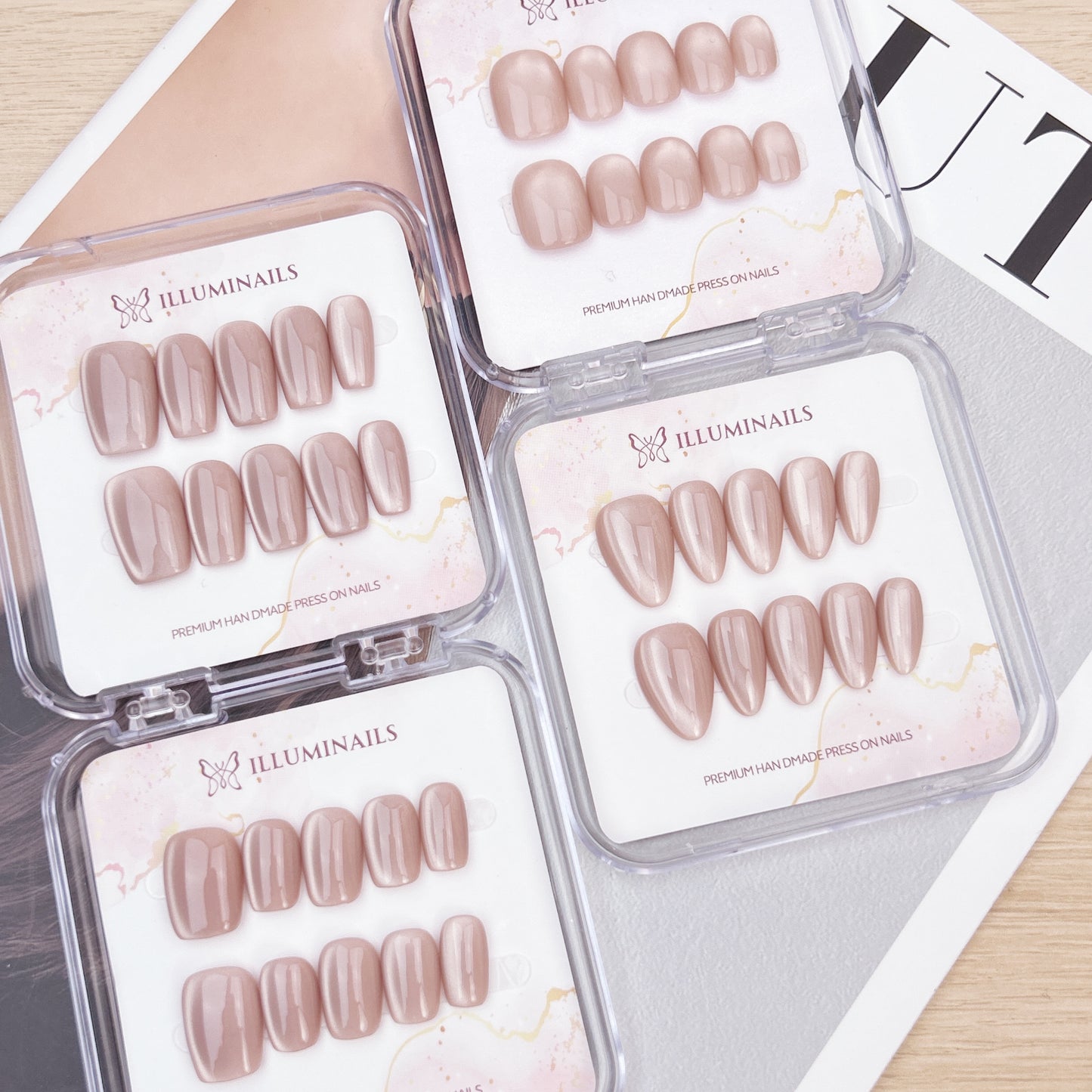 Cashmere Taupe cat eye press-on nails in short squoval, short square, short almond and medium square shapes