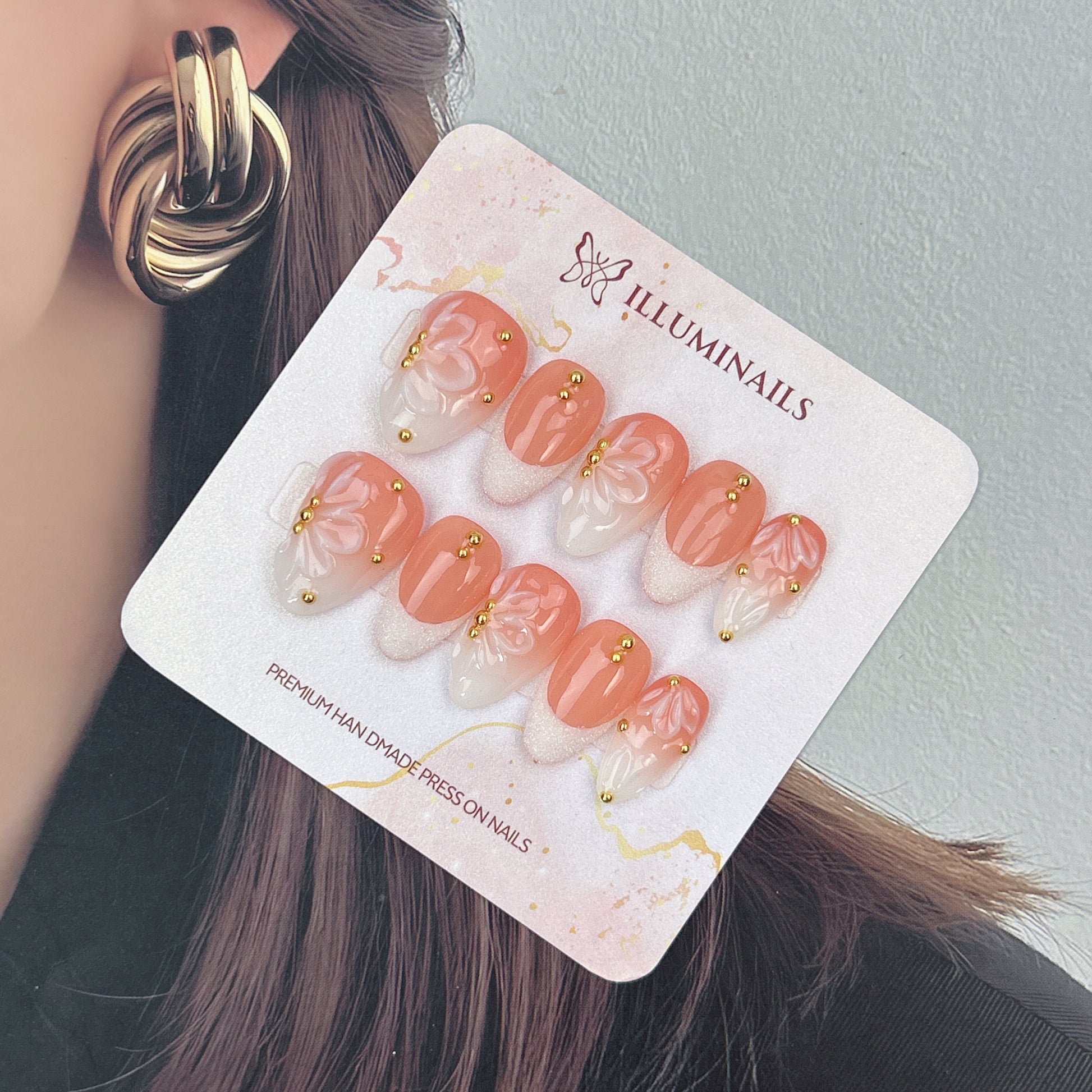 Coral Petals press-on nails with 3D flowers and gold accents