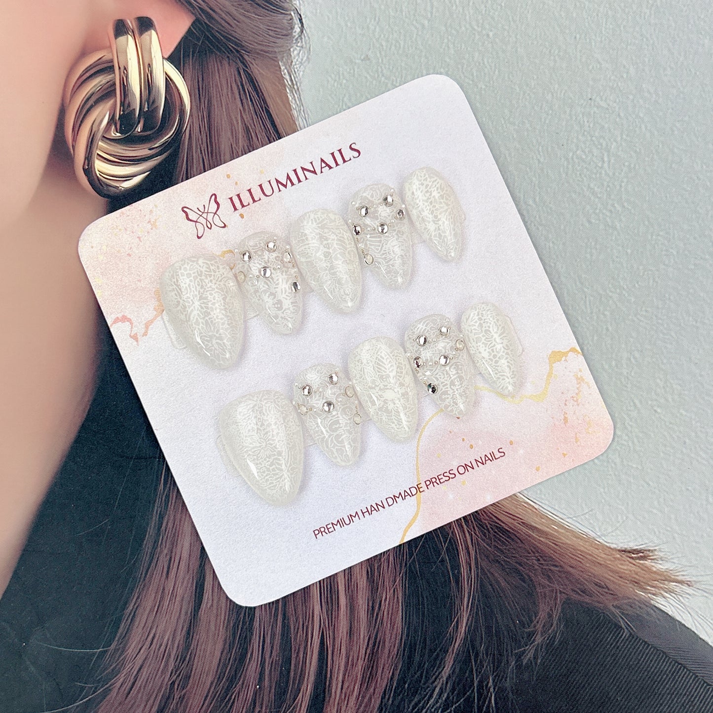 Ivory Lace pearl press-on nails with silver crystal accents