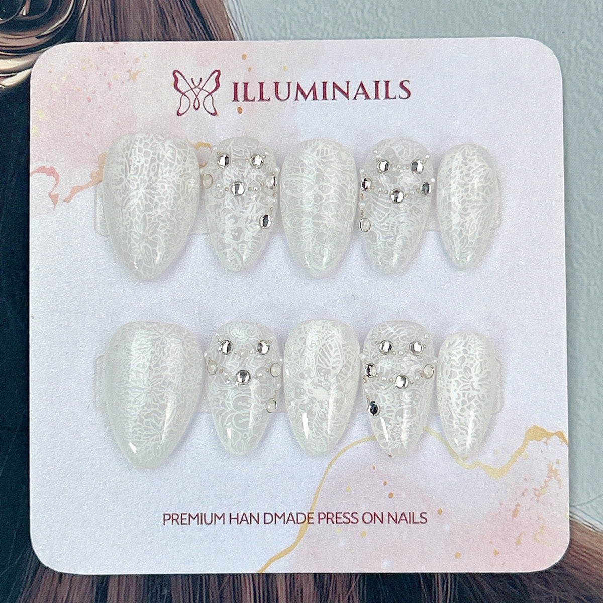 Ivory Lace glossy ivory press-on nails with raised 3D texture