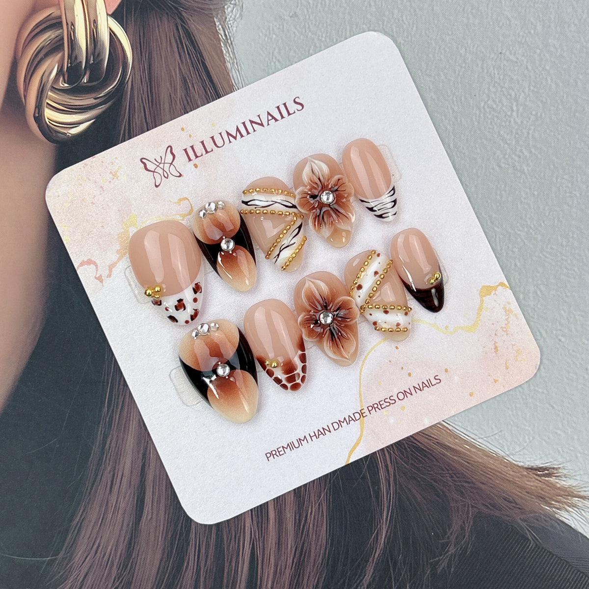 Mocha Muse sculpted flower press-on nails with glossy mocha finish
