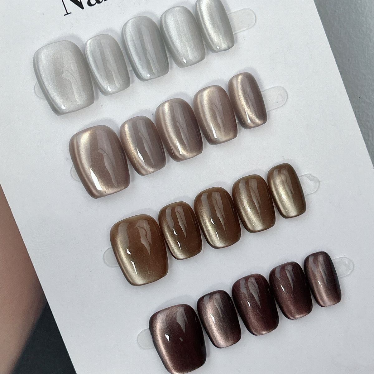 Muted Chrome press-on nails, close-up detail