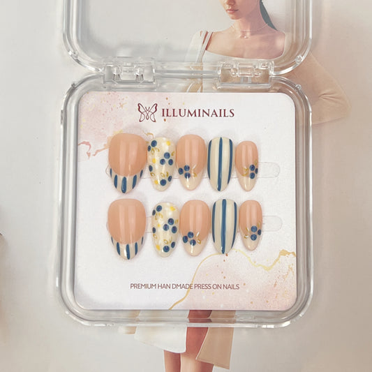 Blueberry Picnic hand-painted French press-on nails with blueberry motifs, blue stripes and soft nude tones