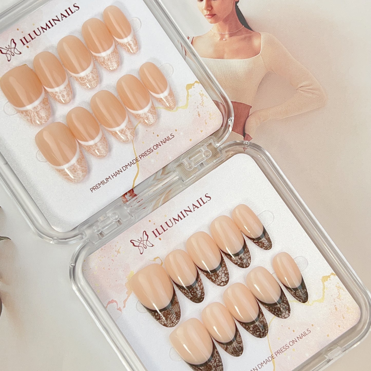 Lace French elegant press-on nails with delicate lace-inspired French tips and soft nude base