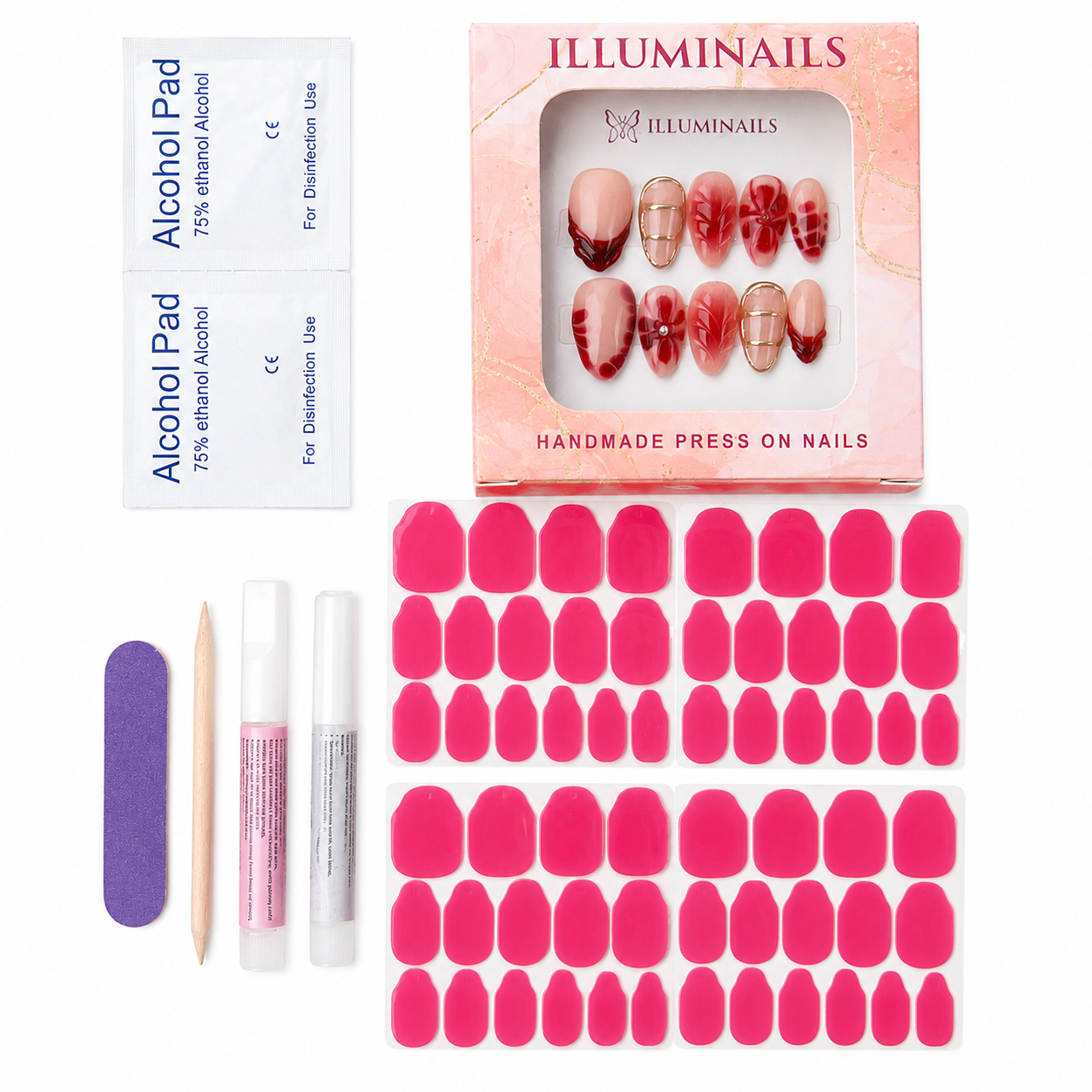 Illuminails press-on nail package contents with nail set, adhesive tabs, alcohol pads, nail file, cuticle stick and glue options