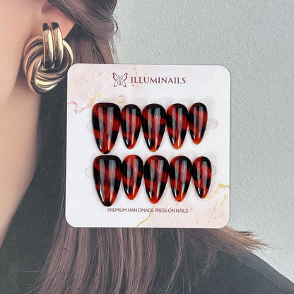 Crimson Tortoise red and black tortoiseshell press-on nails, Medium Almond