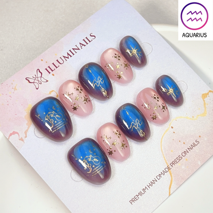 Aquarius zodiac cat eye press-on nails in blue purple and blush, Extra Short Oval