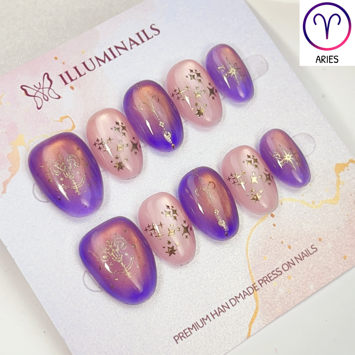 Aries zodiac cat eye press-on nails in purple and blush pink, Extra Short Oval