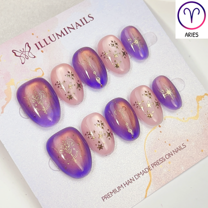 Aries zodiac cat eye press-on nails in purple and blush pink, Extra Short Oval