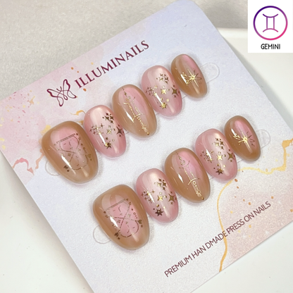 Gemini zodiac cat eye press-on nails in nude brown and blush, Extra Short Oval