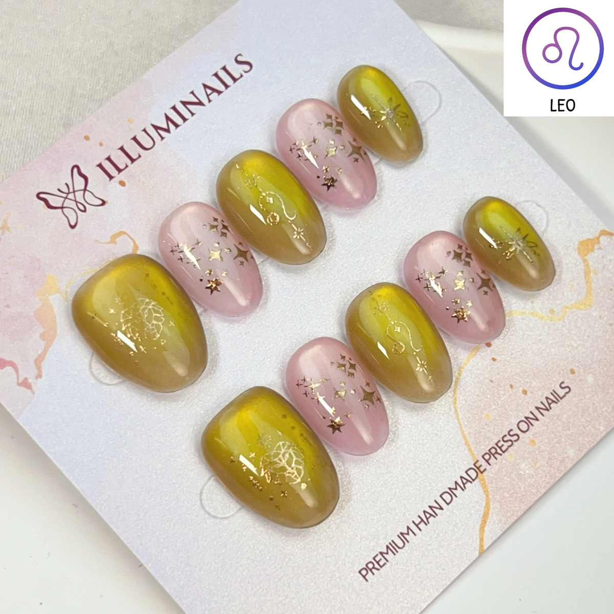 Leo zodiac cat eye press-on nails in olive gold and blush, Extra Short Oval