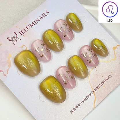 Leo zodiac cat eye press-on nails in olive gold and blush, Extra Short Oval