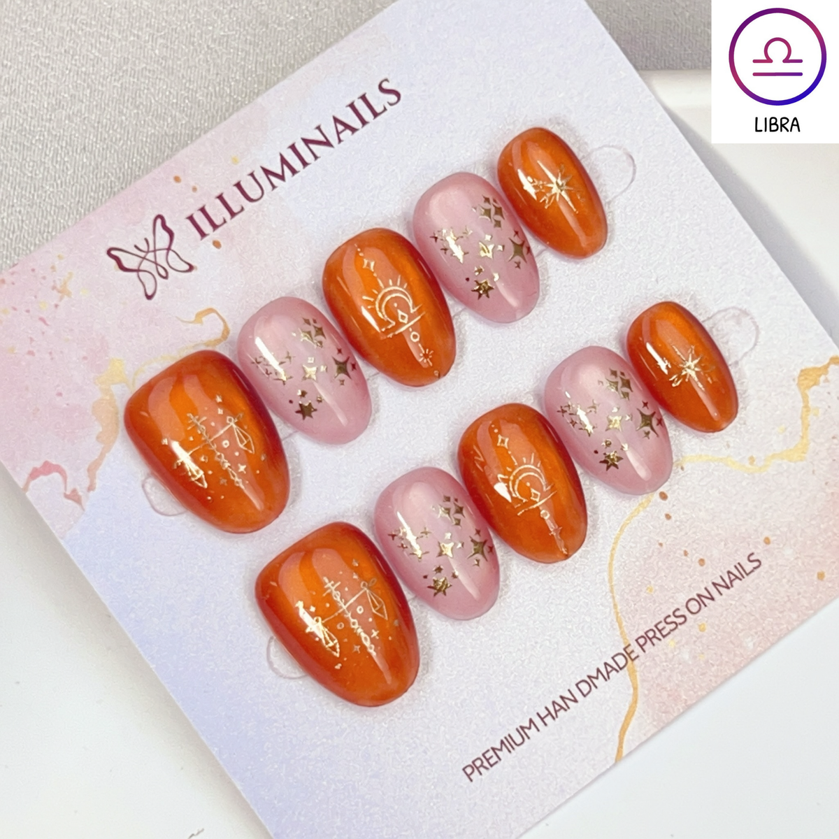 Libra zodiac cat eye press-on nails in burnt orange and blush, Extra Short Oval