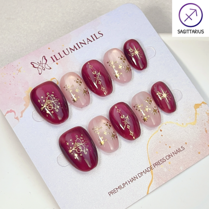 Sagittarius zodiac cat eye press-on nails in burgundy and blush, Extra Short Oval