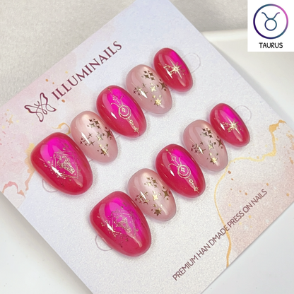 Taurus zodiac cat eye press-on nails in hot pink and blush, Extra Short Oval