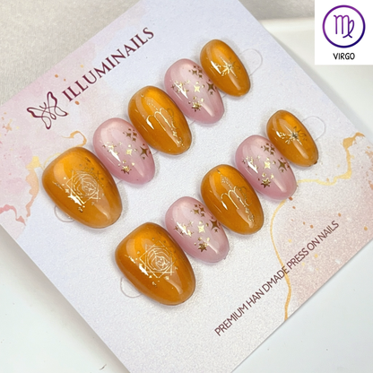 Virgo zodiac cat eye press-on nails in orange gold and blush, Extra Short Oval