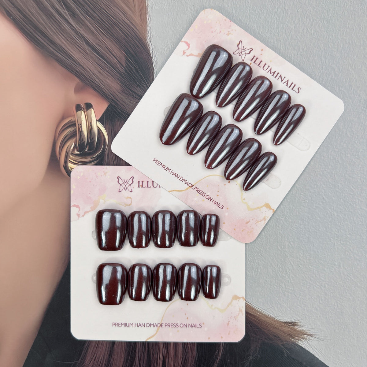 Dark Chocolate glossy press-on nails in Short Square and Medium Almond shapes