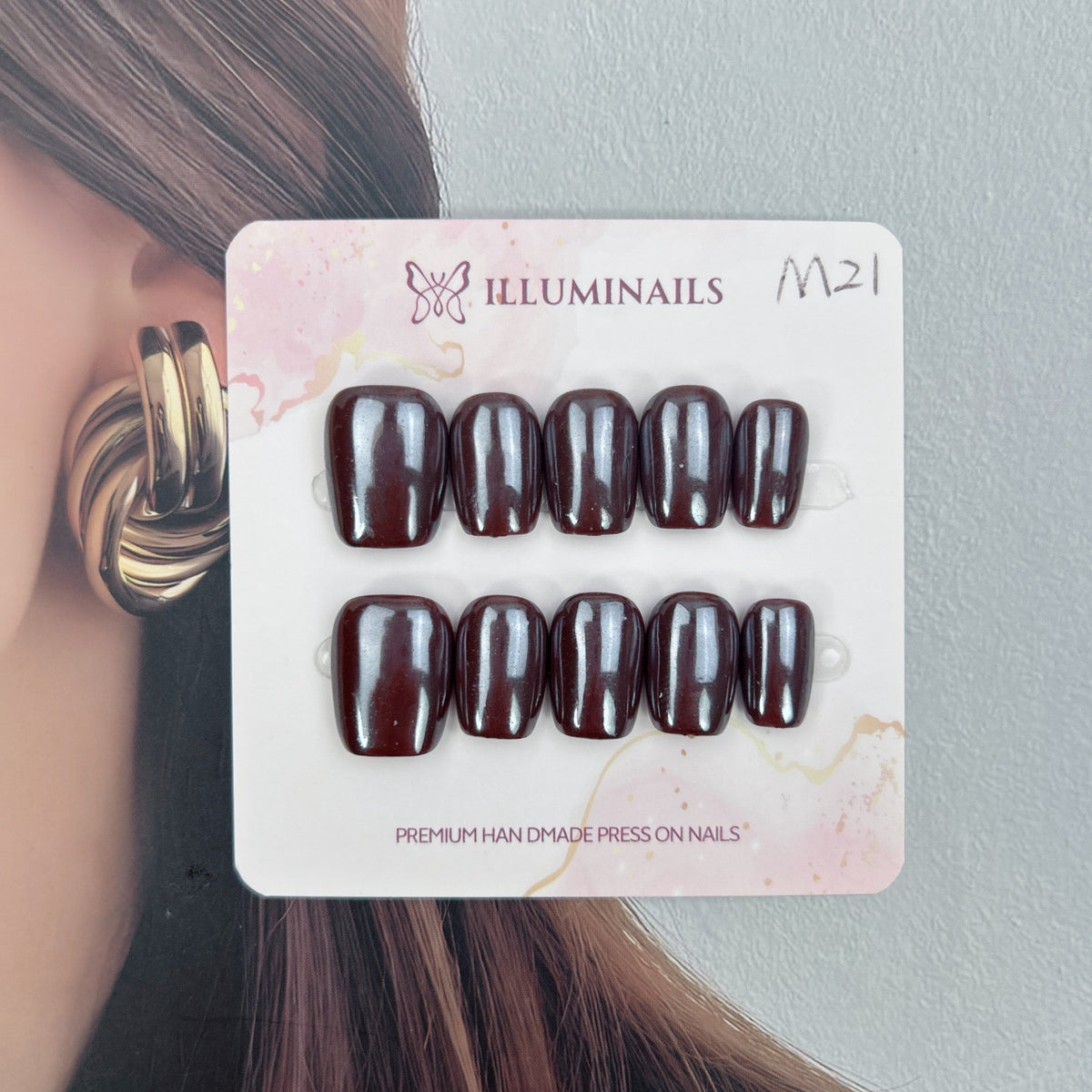 Dark Chocolate glossy press-on nails in Short Square shape