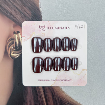 Dark Chocolate glossy press-on nails in Short Square shape