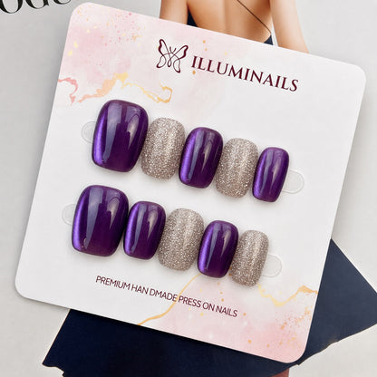 Amethyst Purple cat eye and champagne glitter short square press-on nails
