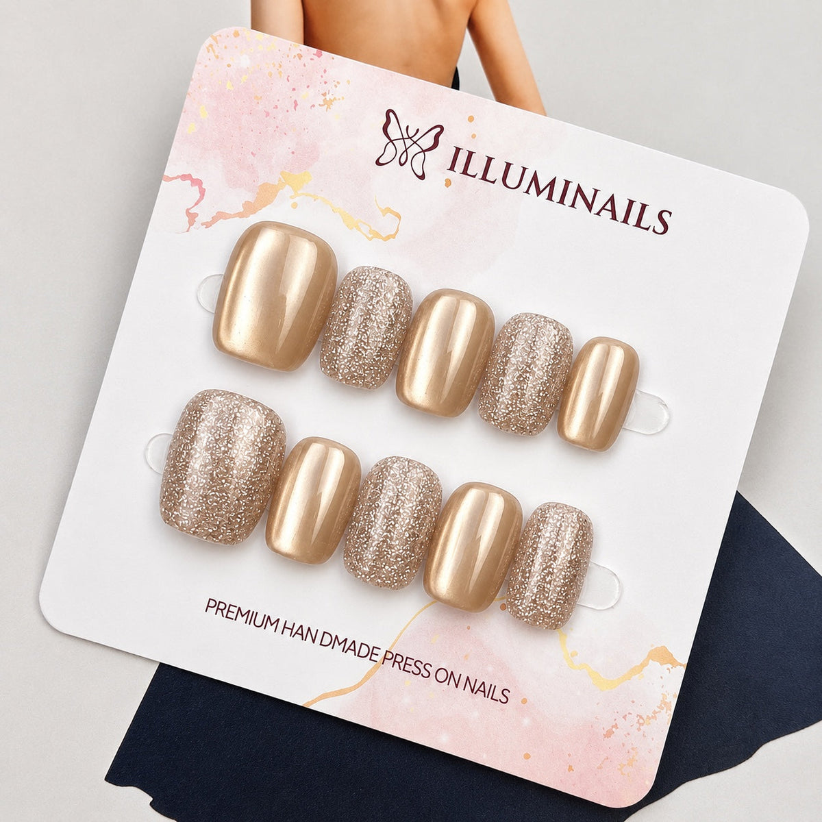 Champagne Gold cat eye and glitter short square press-on nails