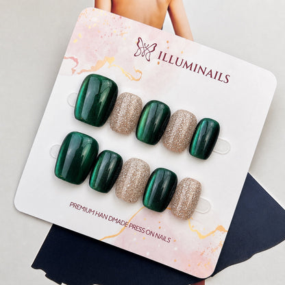 Emerald Green cat eye and champagne glitter short square press-on nails
