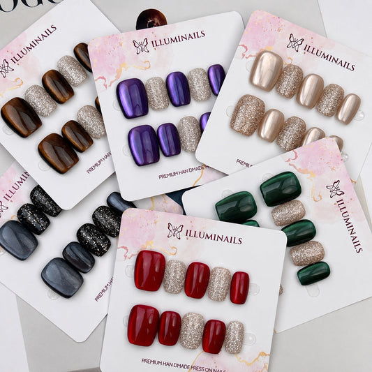 M46 Star Sand cat eye and glitter short square press-on nails in six colours