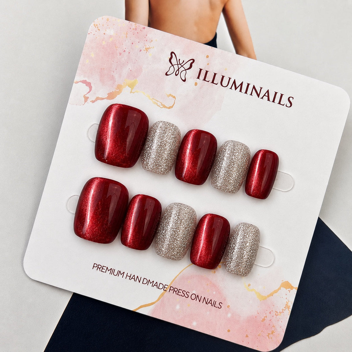 Ruby Red cat eye and champagne glitter short square press-on nails