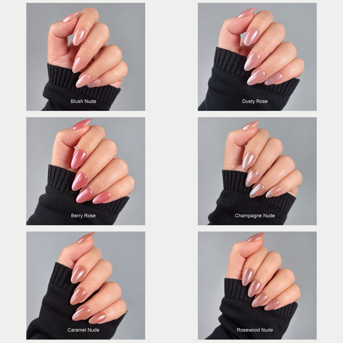 Illuminails M48 Everyday Nude six-colour comparison: Blush Nude, Dusty Rose, Berry Rose, Champagne Nude, Caramel Nude and Rosewood Nude