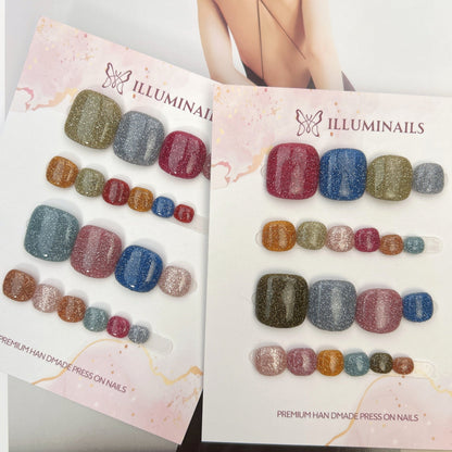 Candy Sparkle multicolour glitter press-on toenails in Design 1 and Design 2