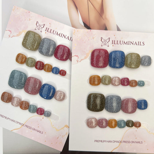 Candy Sparkle multicolour glitter press-on toenails in Design 1 and Design 2