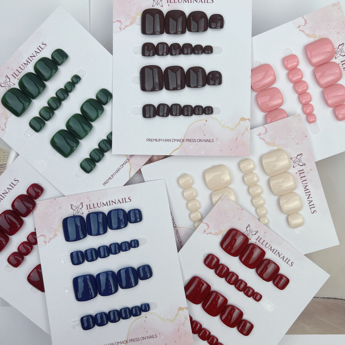 Essential Pedi Collection press-on toenails in eleven colours
