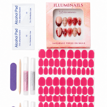 Illuminails press-on nail set packaging and included application tools