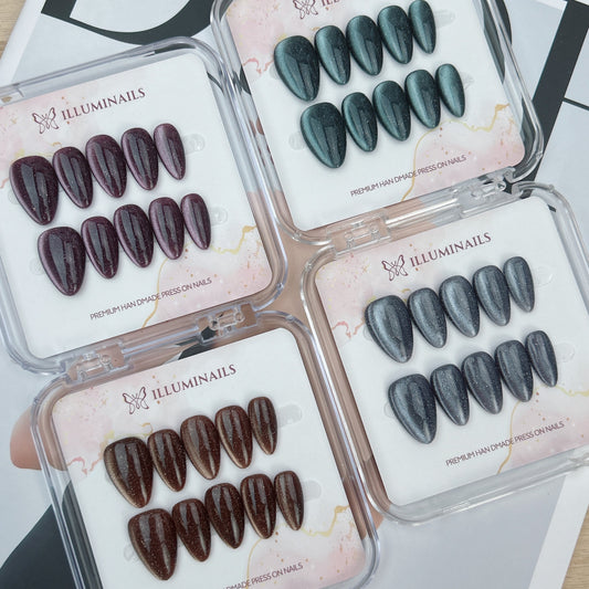 Midnight Stardust cat eye press-on nail collection in four glitter shades