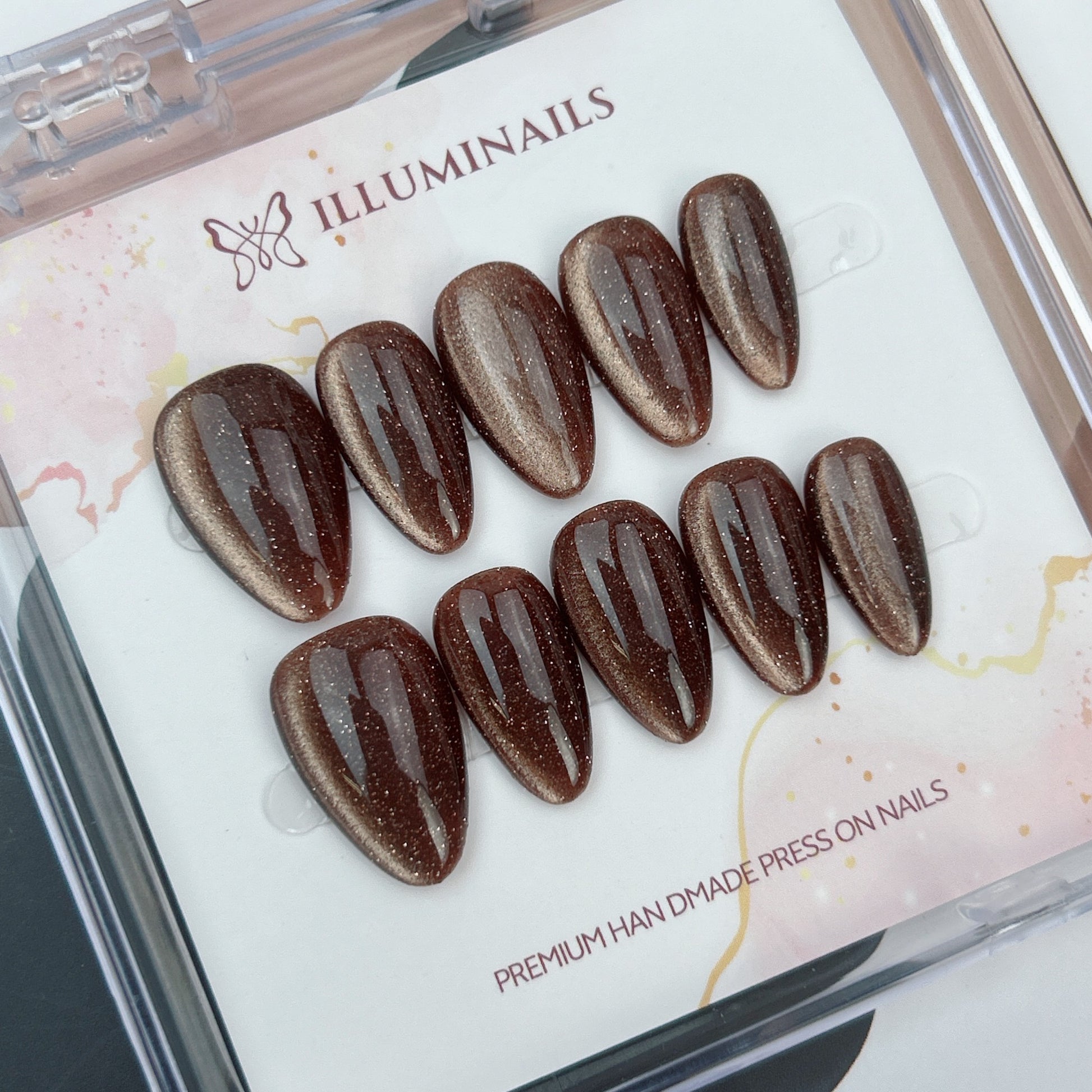 Mocha Bronze glitter cat eye press-on nails in short almond shape