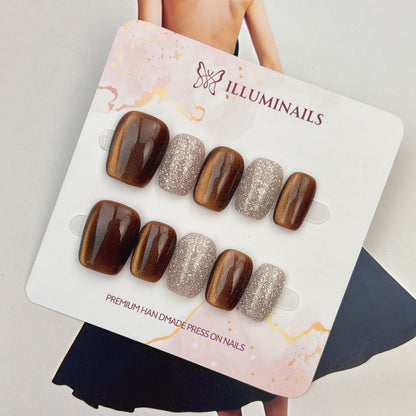 Amber Bronze cat eye and champagne glitter short square press-on nails