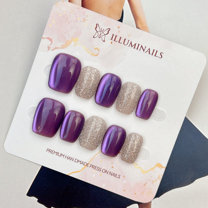 Amethyst Purple cat eye and champagne glitter short square press-on nails