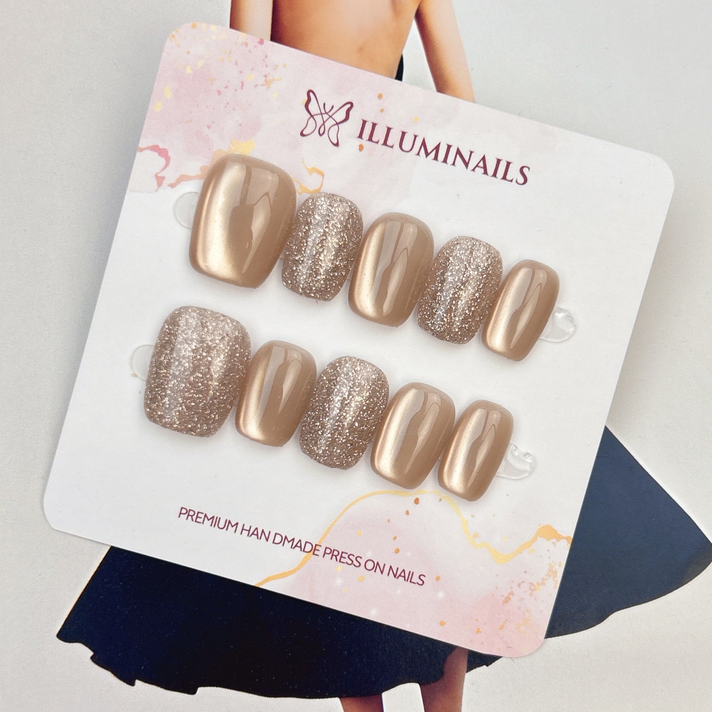 Champagne Gold cat eye and glitter short square press-on nails