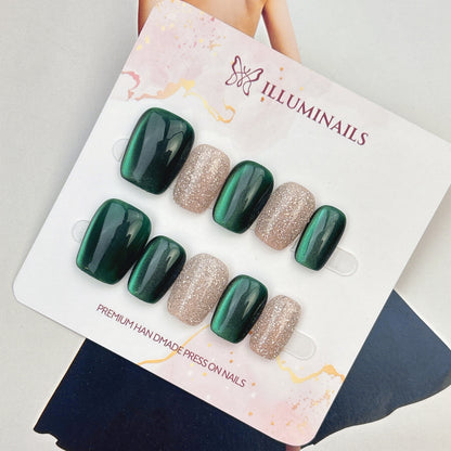 Emerald Green cat eye and champagne glitter short square press-on nails
