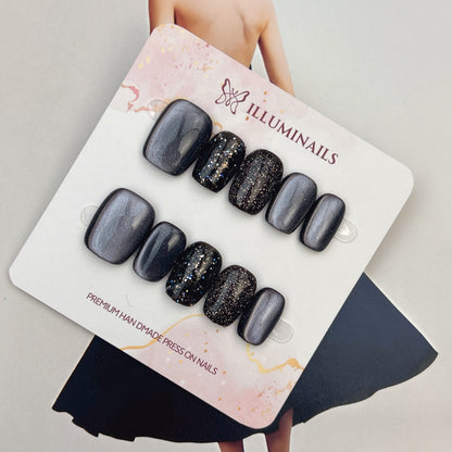 Midnight Silver cat eye and black glitter short square press-on nails