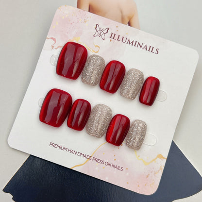 Ruby Red cat eye and champagne glitter short square press-on nails