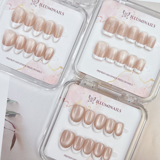 Moonlit French white cat eye press-on nails in three short shapes