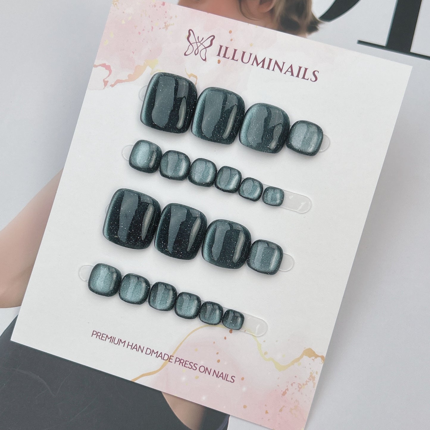Forest Teal glitter cat-eye press-on toenails