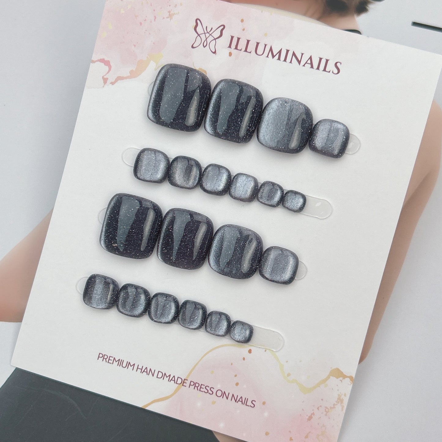 Moonlit Silver glitter cat-eye press-on toenails