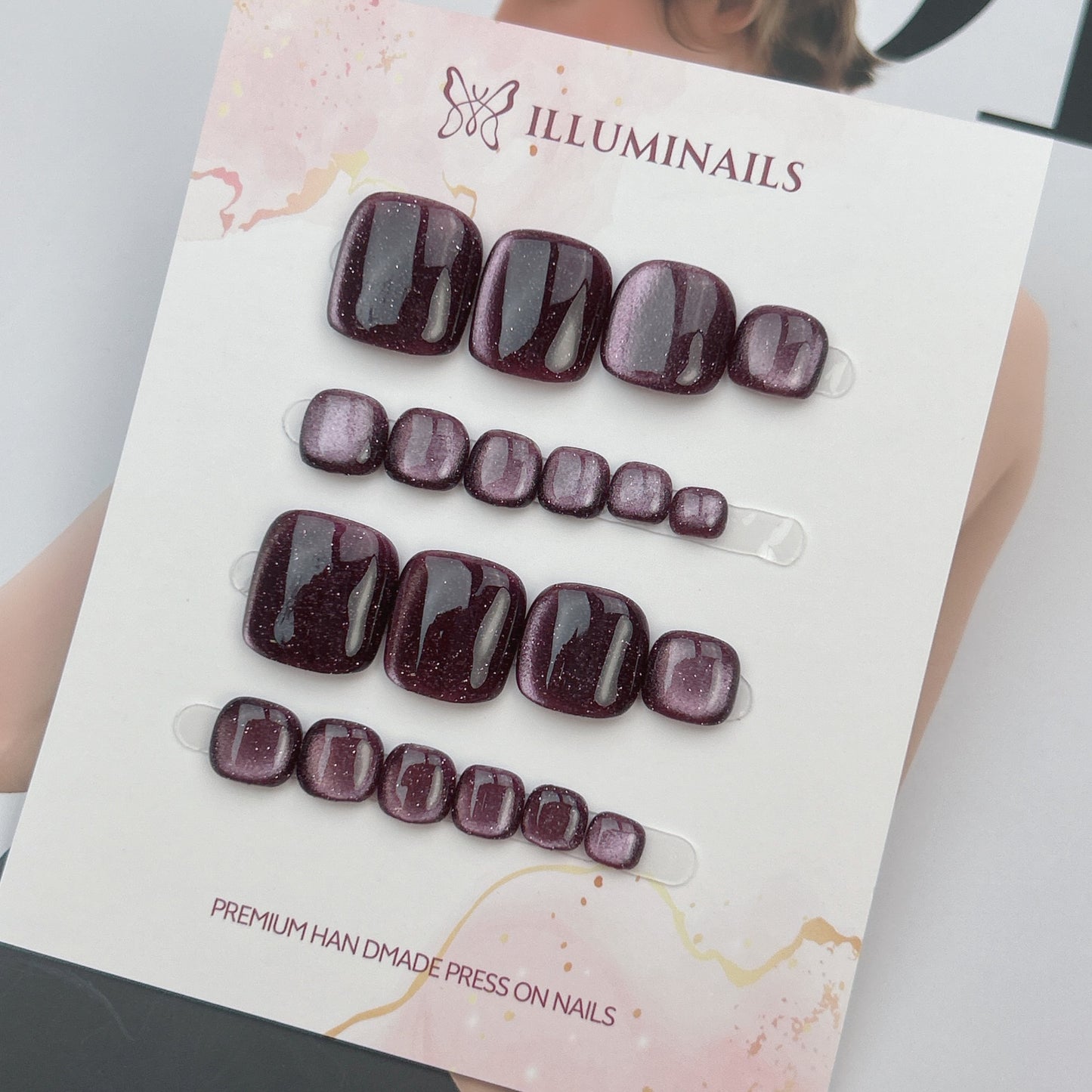 Mulberry Plum glitter cat-eye press-on toenails