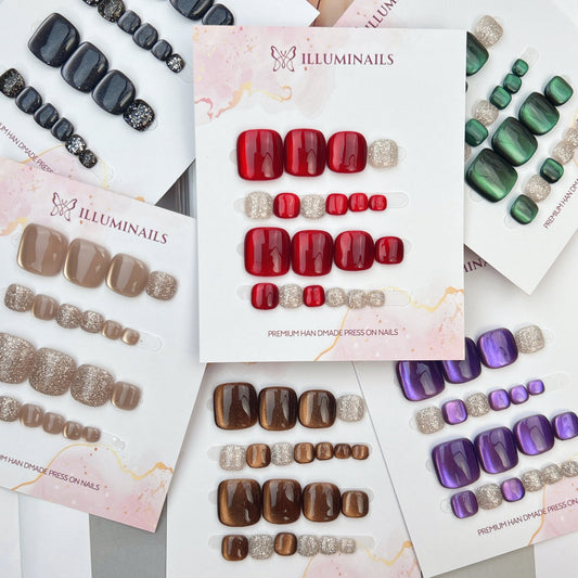 Star Sand glitter cat eye press-on toenail collection in six colours